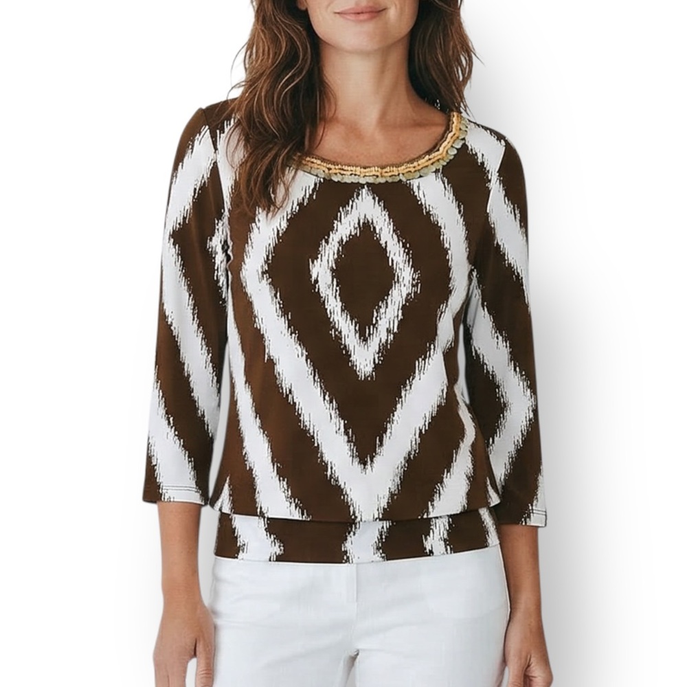 4/$20 Chico’s Travelers Beaded Neckline Ikat Print Brown Cream Stretch Blouse 4